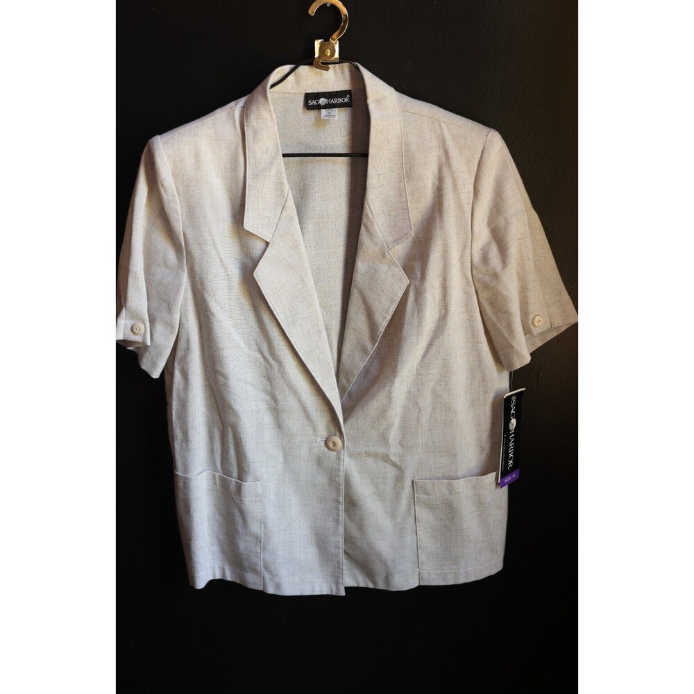 Vintage NWT Sag Harbor Petites Cream Linen Blend Short Sleeve Blazer Minimalist